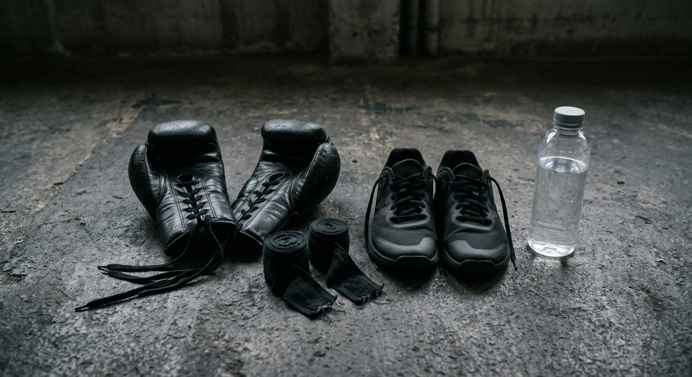Boxing training equipment laid out for workout preparation