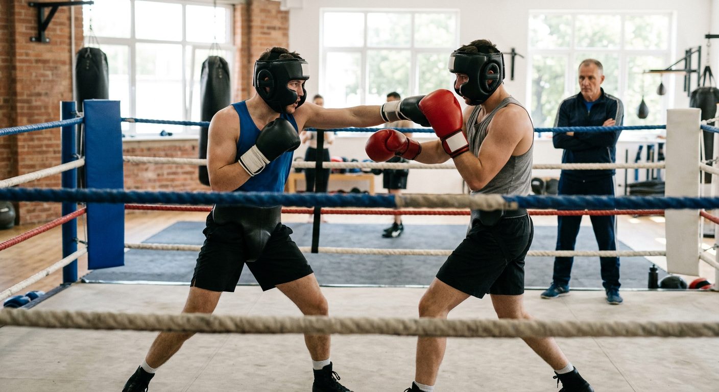 Two boxers engaged in light technical sparring with headgear