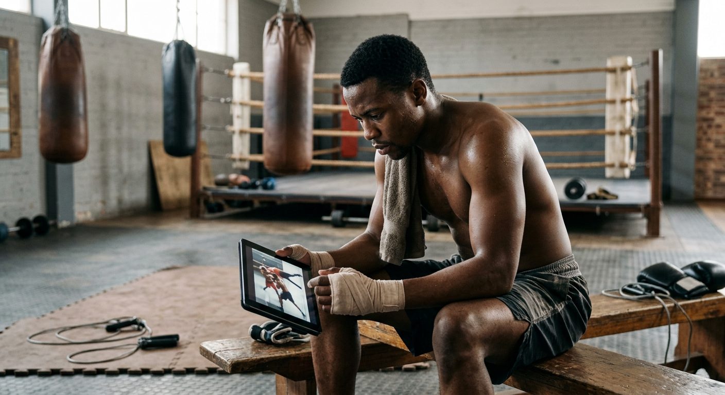 Boxer analyzing training footage on tablet for technique improvement