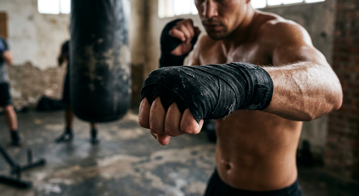 Close-up of boxer's hands wrapped in black wraps during shadowboxing practice, showing proper hand position and technique with natural gym lighting