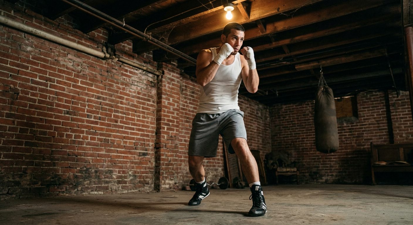 Boxer practicing stance and guard position in home basement gym with exposed brick walls, wearing gray shorts and white tank top, demonstrating proper foundation and balance