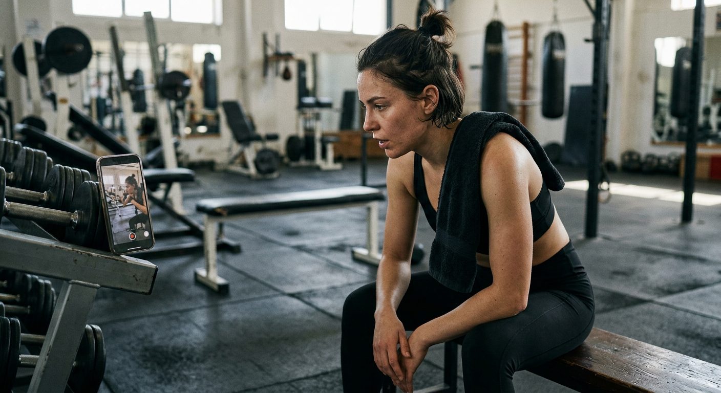 Boxer reviewing shadowboxing form on phone recording while seated on wooden bench after training session, wearing black workout gear with towel over shoulder in modern gym setting