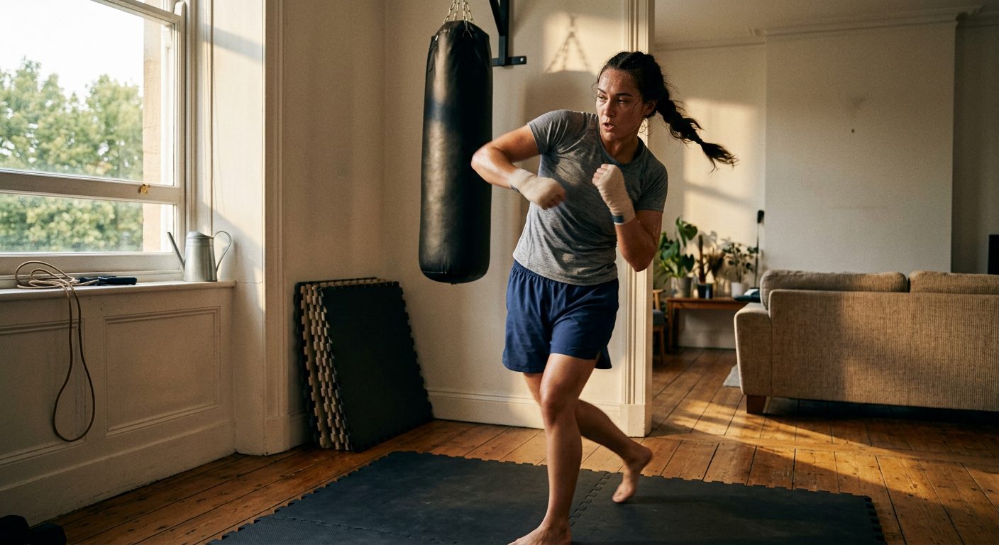 Boxer practicing defensive head movement and shoulder roll during shadowboxing in apartment corner setup with exercise mat, wearing navy shorts and gray shirt with natural afternoon lighting