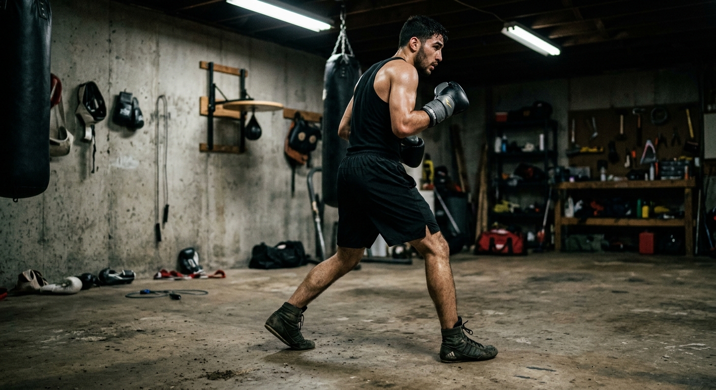 Boxer with long reach practicing lateral footwork movement drills, stepping sideways in a dimly lit garage gym setup with natural shadows