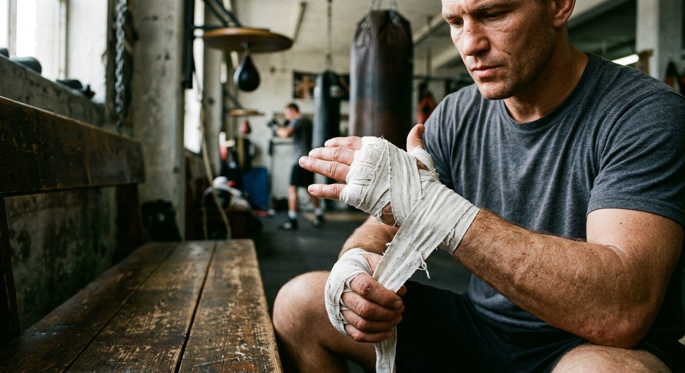 Close-up of boxer's hands taping for training, sitting on worn wooden bench in boxing gym with natural lighting showing texture of wraps