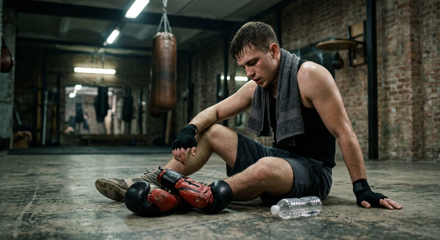 Tired boxer taking rest break during training session, sitting on gym floor with towel over shoulders and gloves beside, showing natural exhaustion after intensive drill practice