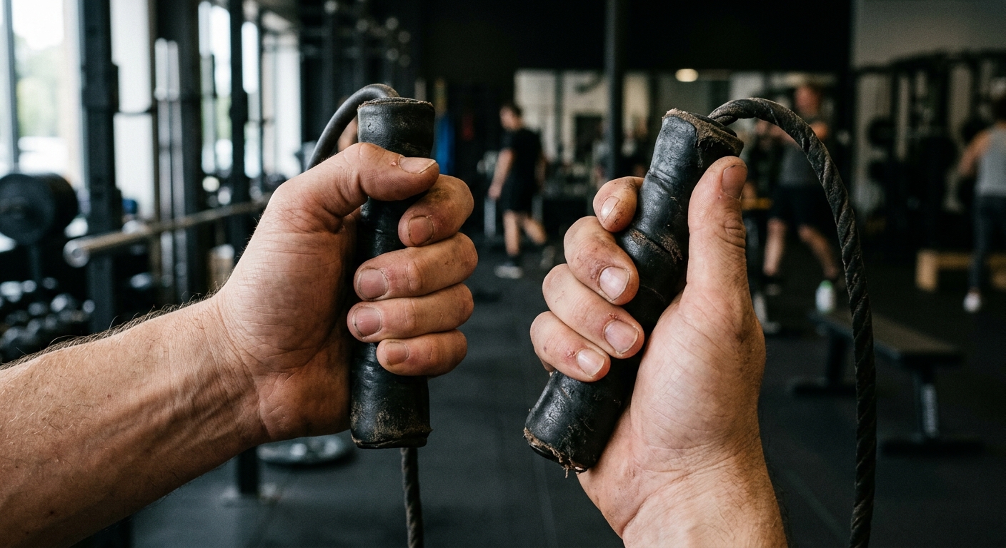 Close-up of hands gripping leather jump rope handles, showing proper wrist position and finger grip, worn black leather handles with natural scuffing
