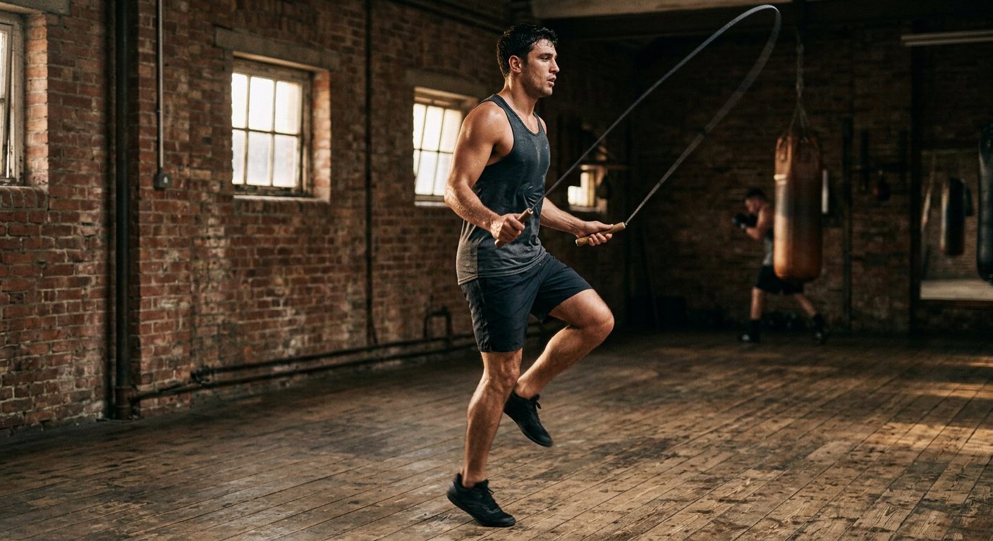 Side-angle view of boxer doing alternate foot step jump rope technique, mid-motion showing weight transfer from left to right foot, wearing dark boxing shorts and tank top, old-school boxing gym with exposed brick walls