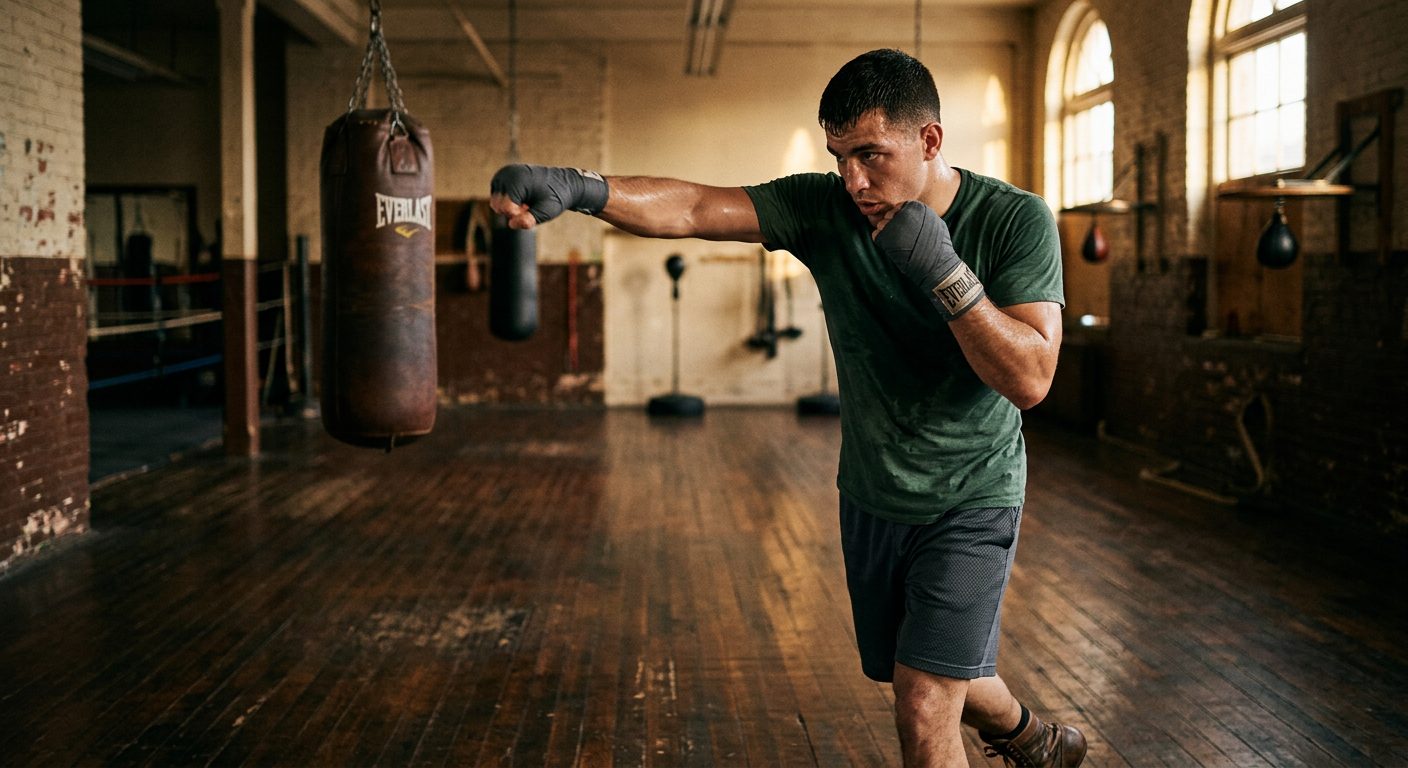 Experienced boxer practicing precise shadow boxing technique in old-school gym, demonstrating efficient movement and perfect form with natural lighting