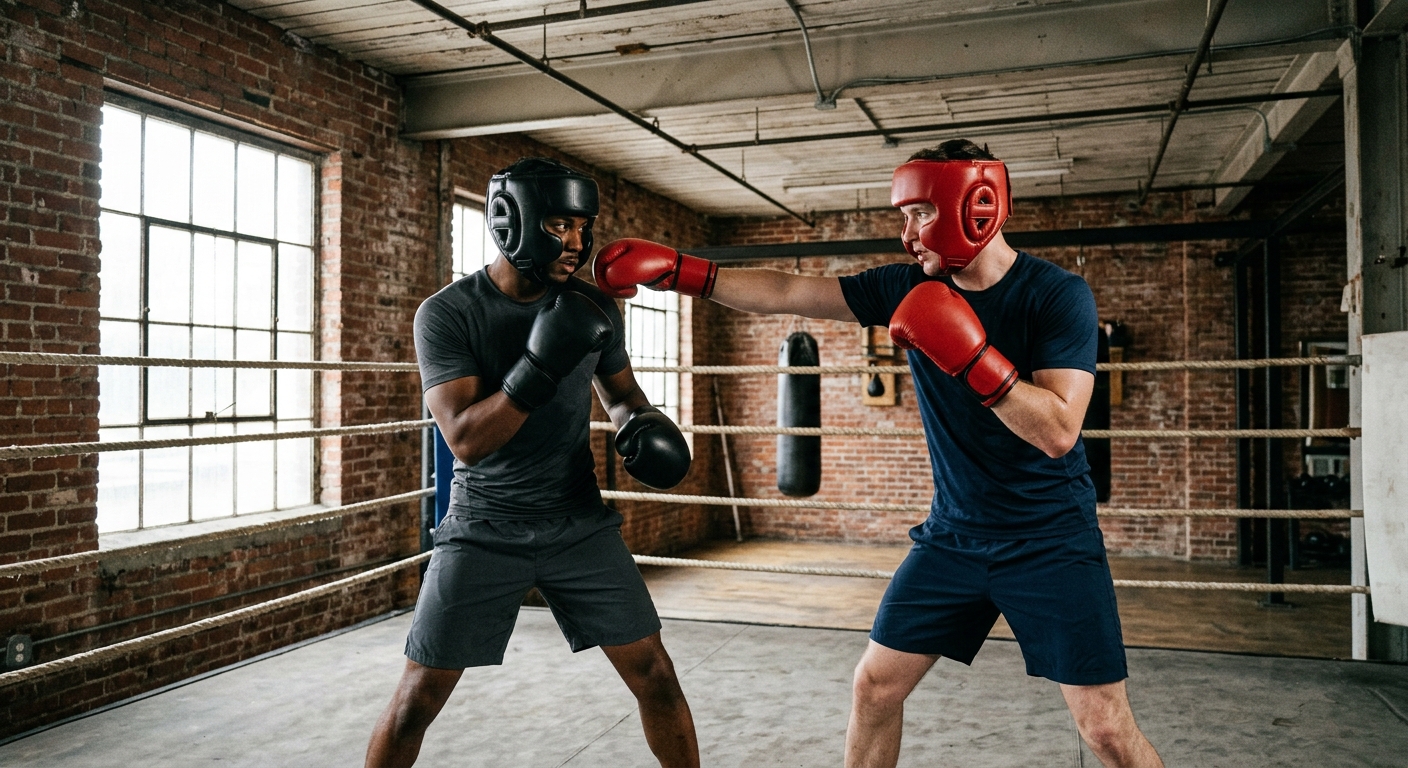 Two boxers engaged in light controlled sparring, demonstrating distance management and minimal head movement to avoid punches while maintaining technical skill