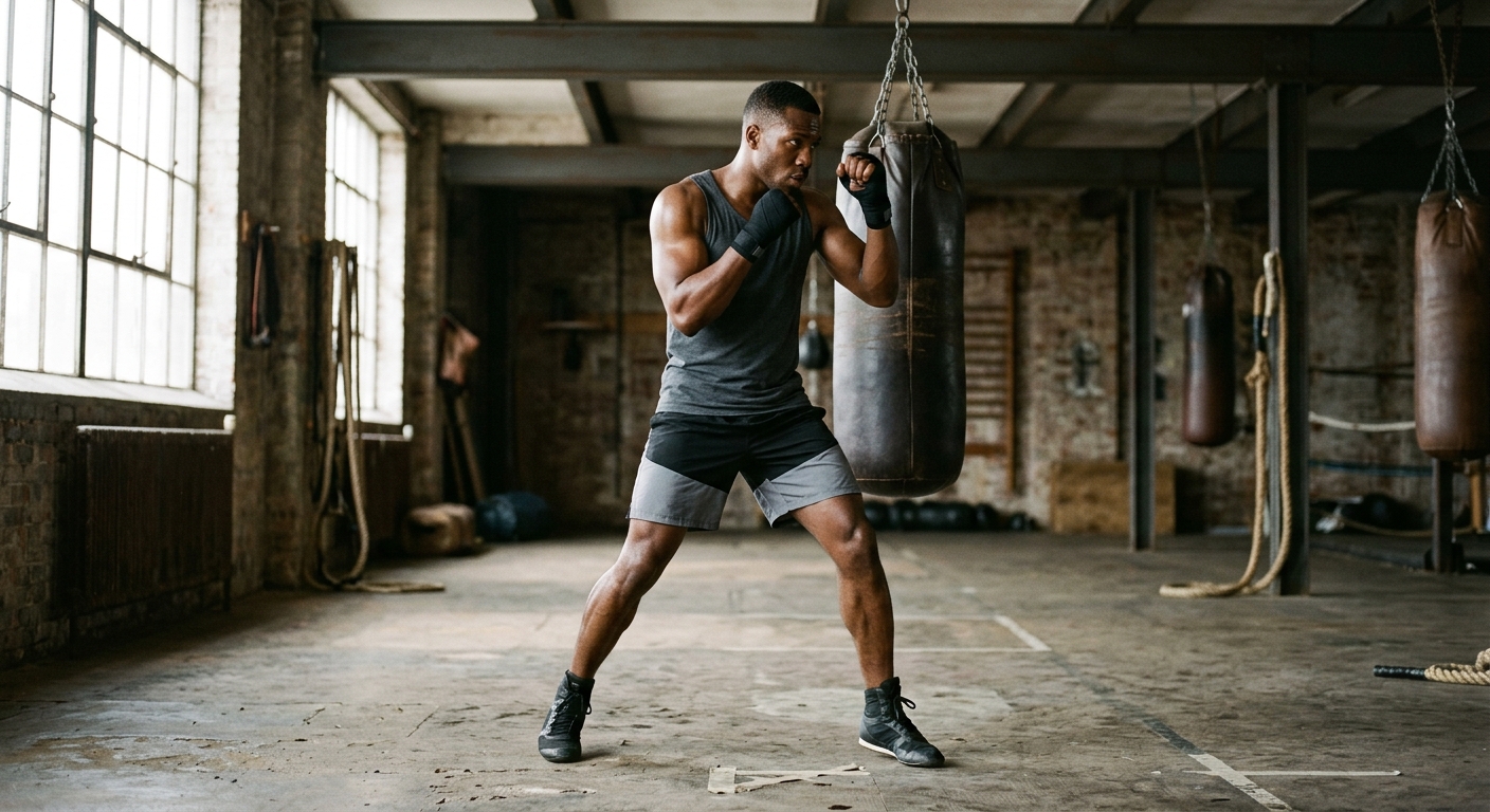 Boxer in perfect athletic stance showing precise footwork position, weight balanced on balls of feet with proper distance from heavy bag in natural gym environment