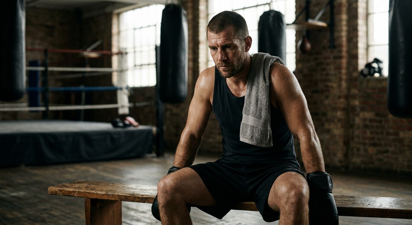 Experienced boxer in moment of deep concentration and composure, sitting on wooden bench between rounds with calm focused expression despite sweat, showing mental toughness