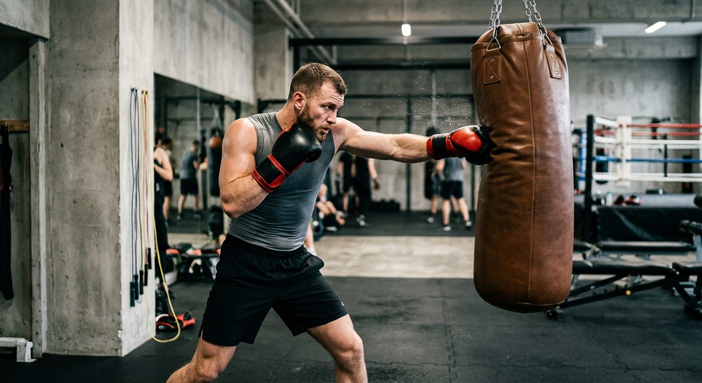 Boxer throwing powerful punch at heavy punching bag with proper form