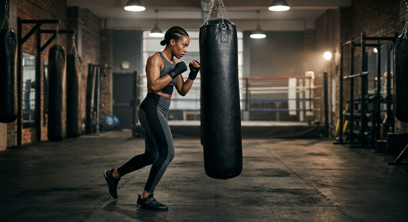Female boxer doing footwork drills around heavy bag in boxing gym