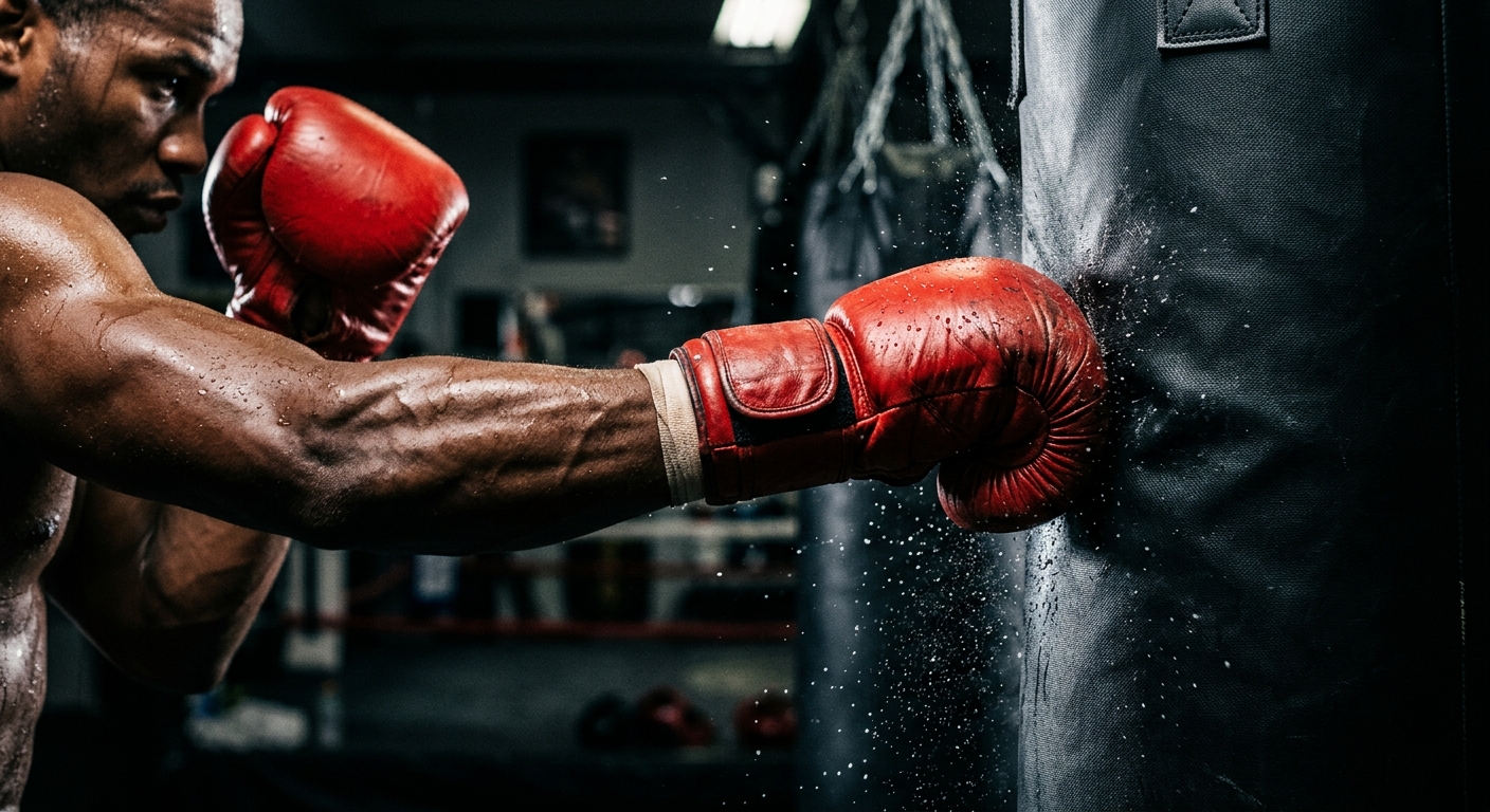 Close up of boxer's red gloves hitting heavy punching bag with power