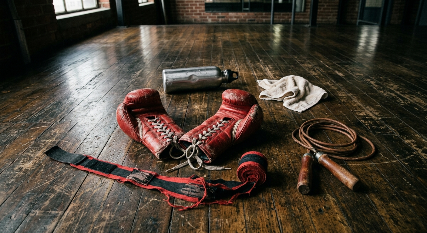 Flat lay of boxing training gear on a scuffed hardwood gym floor: red lace-up bag gloves, partially unrolled hand wraps, jump rope, plain water bottle, and a crumpled white towel, natural afternoon light from a high window