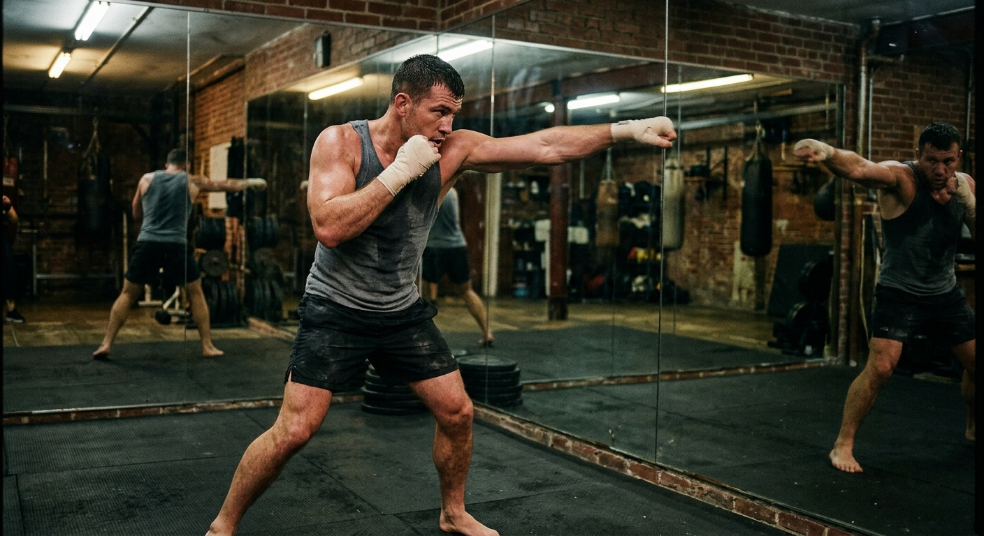 Boxer shadowboxing in front of a gym mirror, left arm extended in a jab, right hand at the chin, grey sweat-damp tank top, motion blur on the lead hand, worn equipment and brick wall visible in the reflection