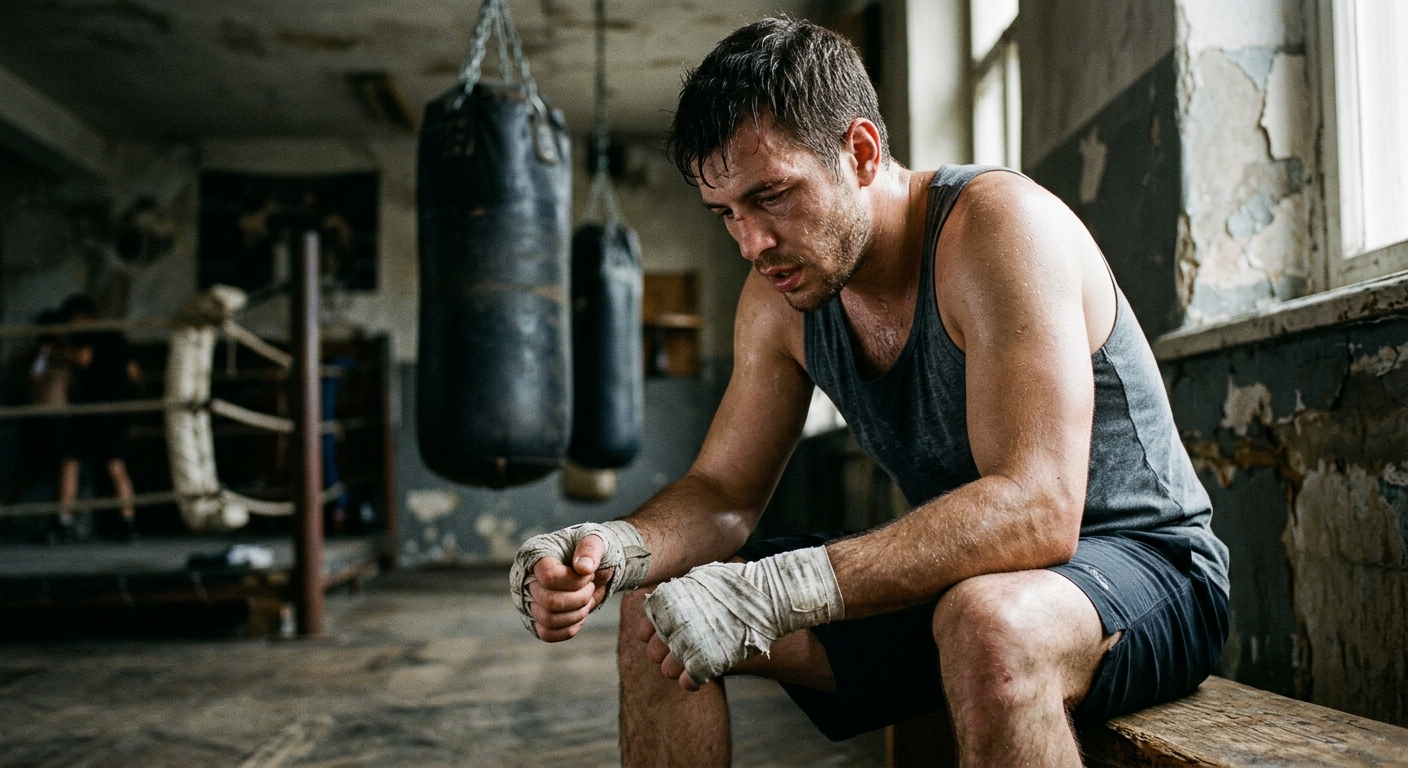 Boxer seated on a wooden gym bench after training, elbows on knees, sweat-stained white hand wraps on both fists, head slightly bowed, blurred heavy bag in the background, peeling paint on the gym walls, afternoon light from a side window