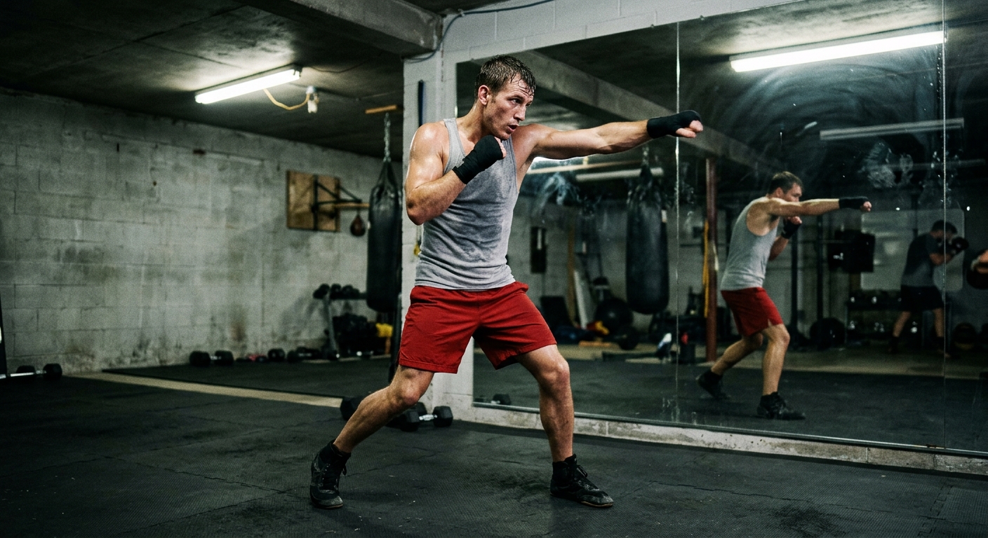 Boxer mid-pivot in fighting stance, shadowboxing in front of a gym mirror in a low-ceilinged garage gym with fluorescent lighting
