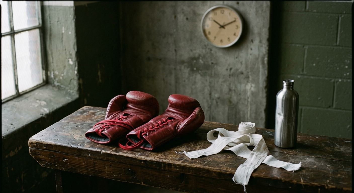 14oz red lace-up boxing gloves and white hand wraps resting on a worn wooden gym bench with a wall clock in the background