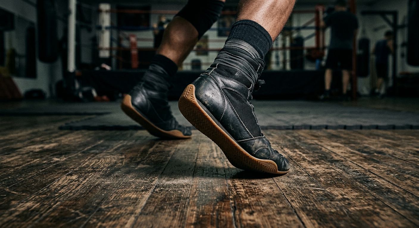 Close-up low-angle shot of boxer's footwork during a drill, rubber-soled boxing shoes pivoting on a scuffed wooden floor with motion blur