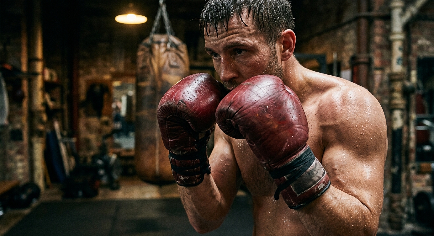 Close-up of a boxer's gloved hands in a tight defensive guard position, worn deep red lace-up gloves, heavy bag blurred in the background of a dimly lit old-school gym