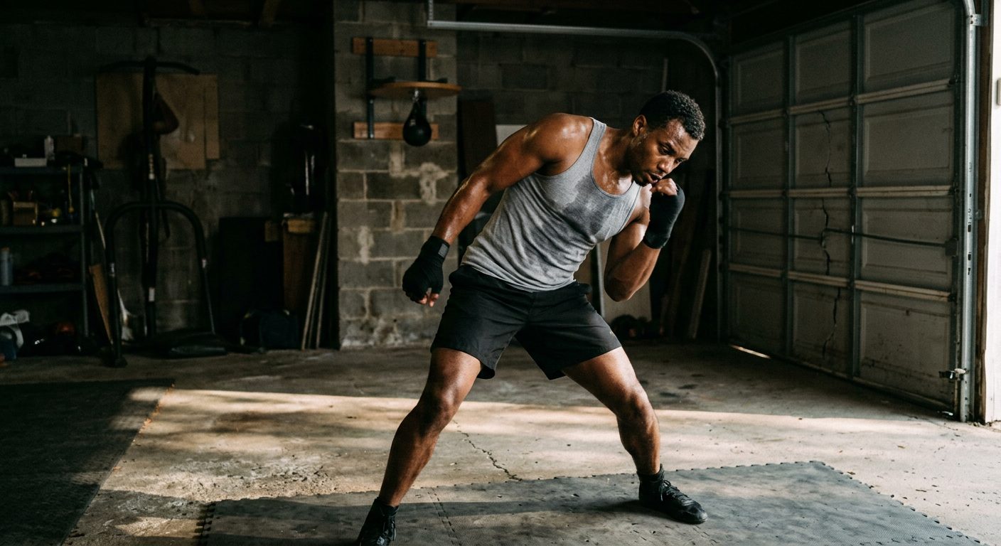Boxer mid-slip movement in a garage gym, body tilted to avoid an imaginary punch, afternoon light casting long shadows across the concrete floor