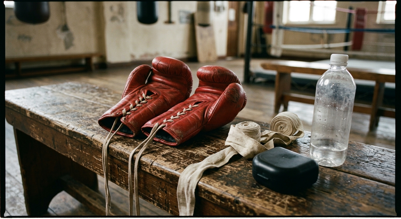 Flat lay of boxing training gear on a worn wooden gym bench: red bag gloves, partially unrolled white hand wraps, and a mouthguard case
