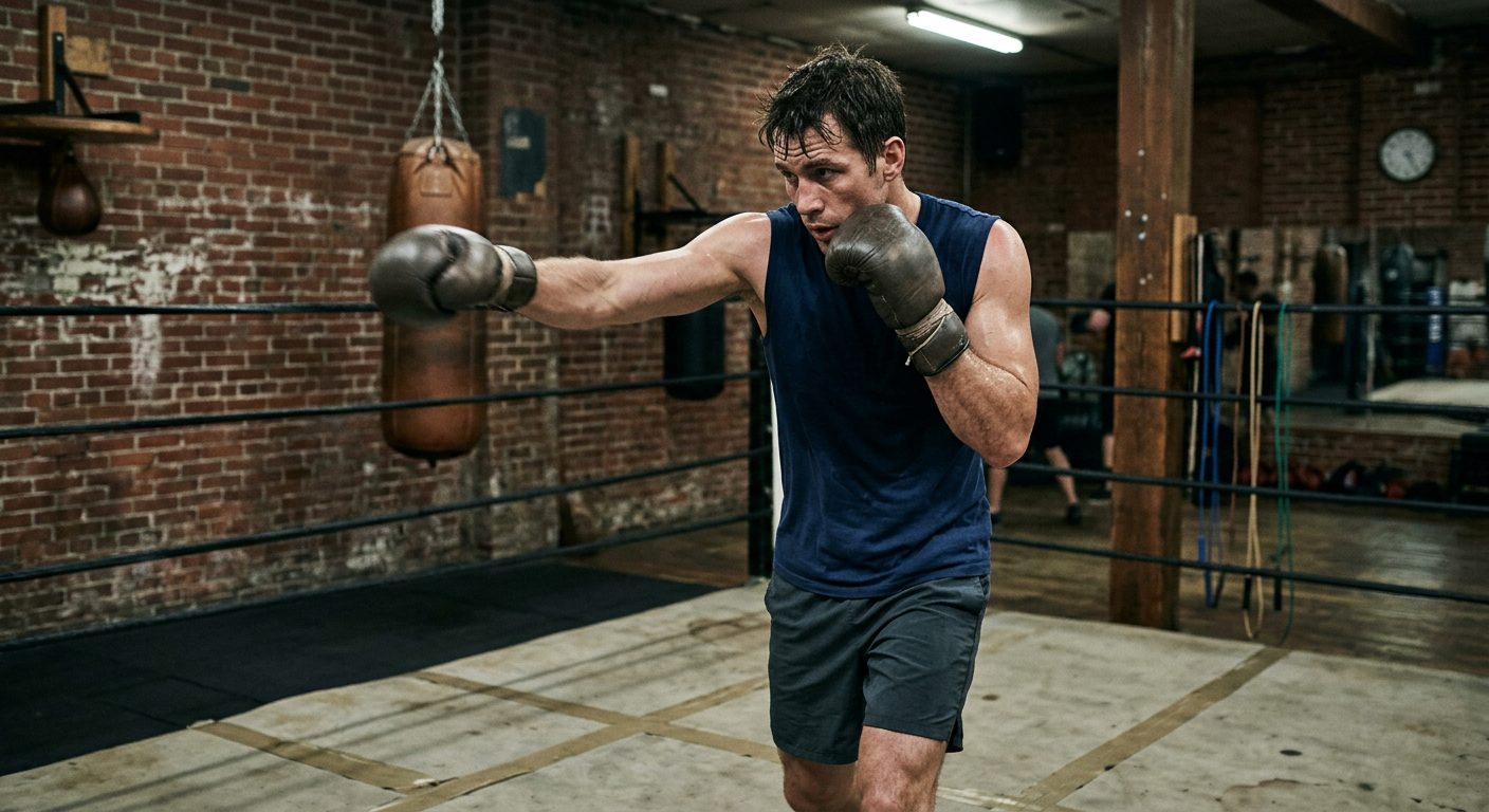 Boxer practicing the parry technique, front hand extended to redirect an imaginary jab, rear hand tight by the chin, in a well-worn boxing gym with chalk-streaked brick wall