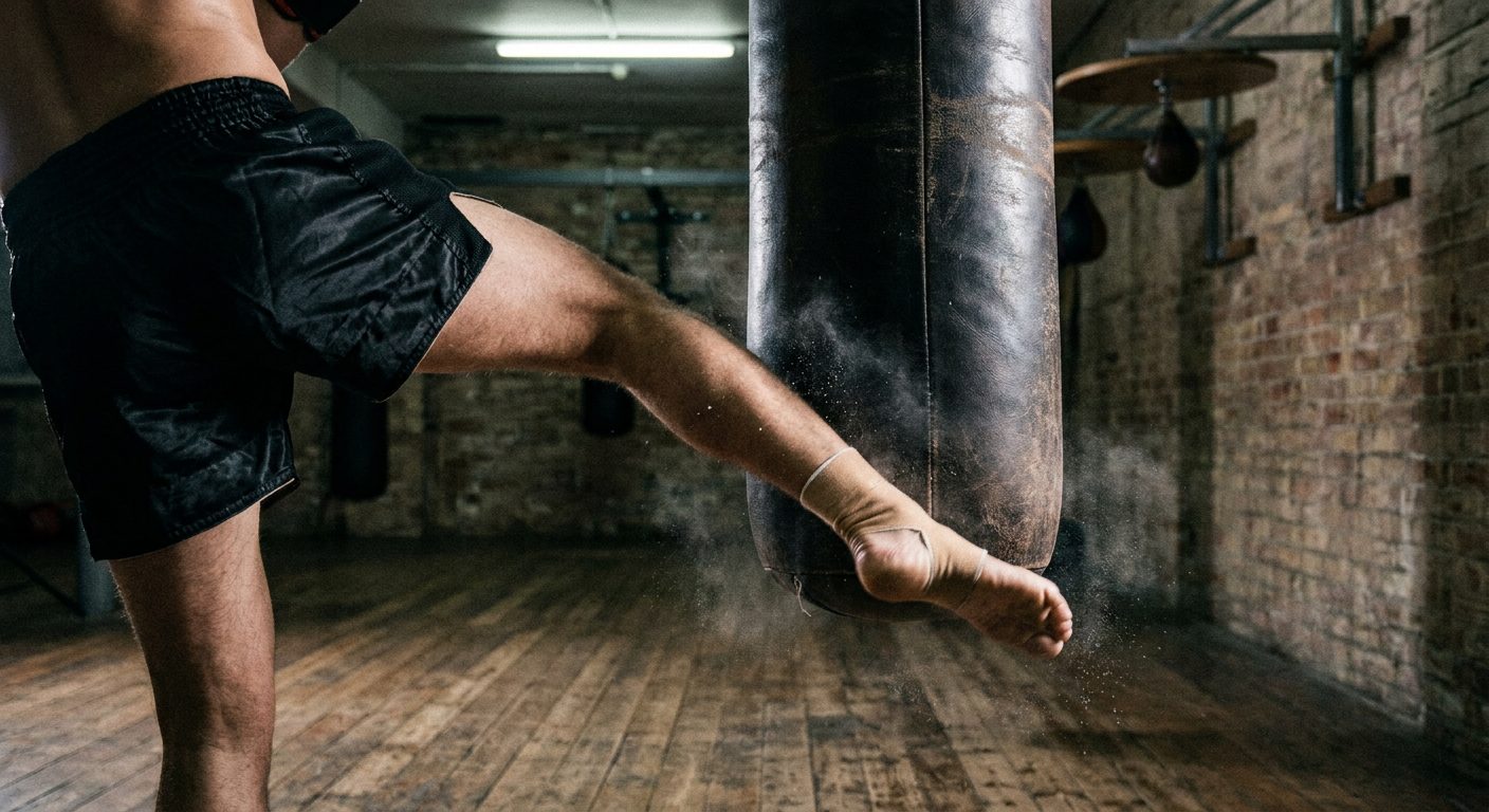 Close-up of a fighter's shin and white-taped ankle making contact with a worn leather heavy bag in a brick-wall boxing gym