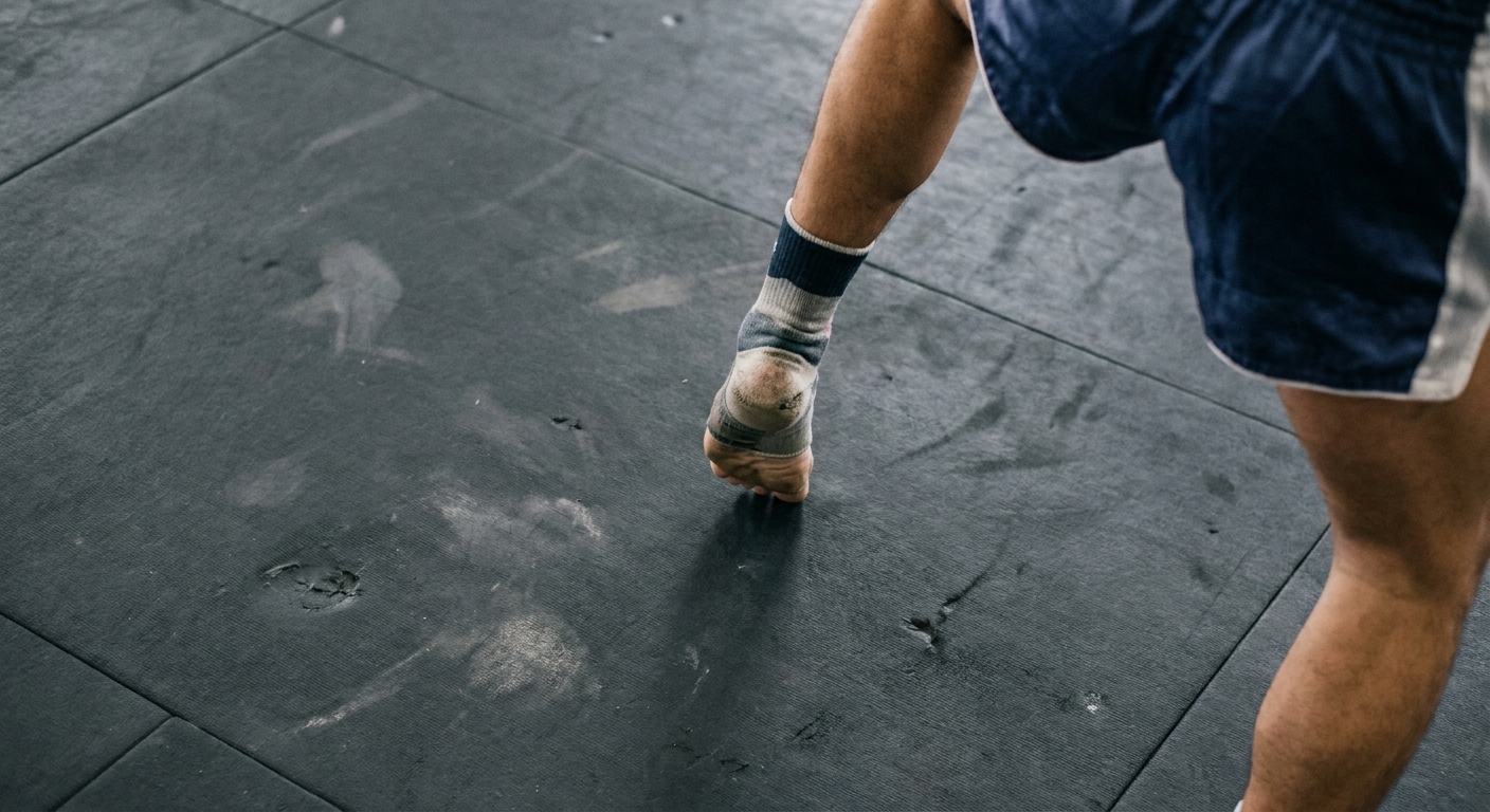 Close-up of a fighter's feet on a scuffed rubber gym mat, one foot pivoting on the ball during kicking practice, Muay Thai shorts visible at the top of frame