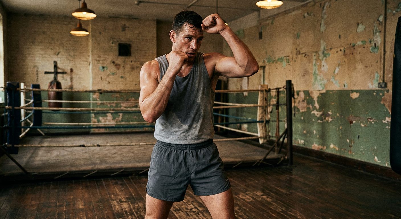 Male fighter in compact Muay Thai guard stance inside an old-school boxing gym with peeling paint and worn wood floors, right elbow elevated mid-motion as if throwing a horizontal elbow