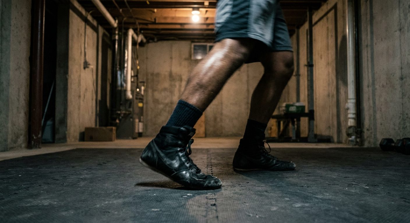 Low-angle view of a fighter's feet and lower legs doing shadowboxing footwork on a scuffed rubber gym mat, legs in motion mid-pivot, concrete basement gym with dim overhead lighting