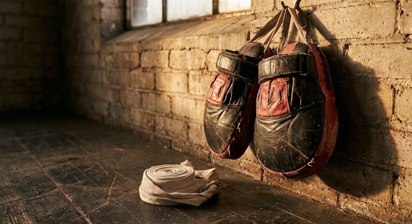 Worn black-and-red focus mitts hanging on a wall peg in an old-school boxing gym, scarred leather surface with visible use, a roll of white hand wraps on the scuffed wooden floor beneath them