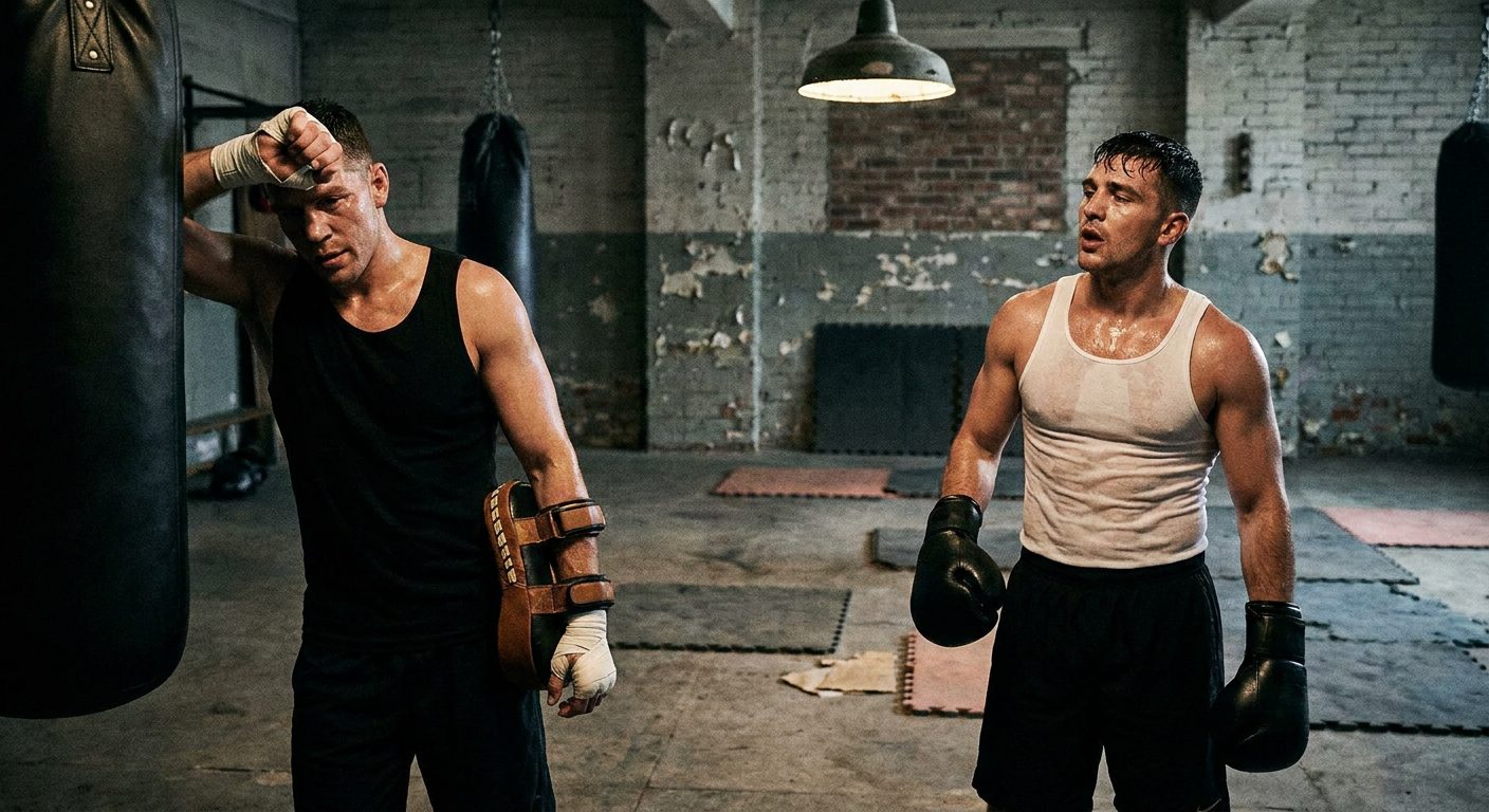 Two boxers in a sparse gym, one holding focus mitts with arms lowered during a mid-session rest moment, both wearing plain shorts and sweaty tank tops under a single overhead industrial light
