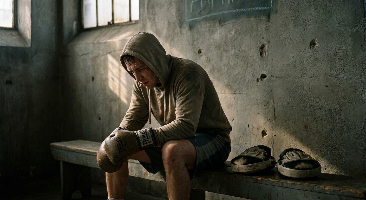 Boxer seated on a wooden gym bench after a pad session, elbows on knees catching breath, worn boxing gloves still on, focus mitts placed beside them, sweat visible on face and arms in late afternoon light
