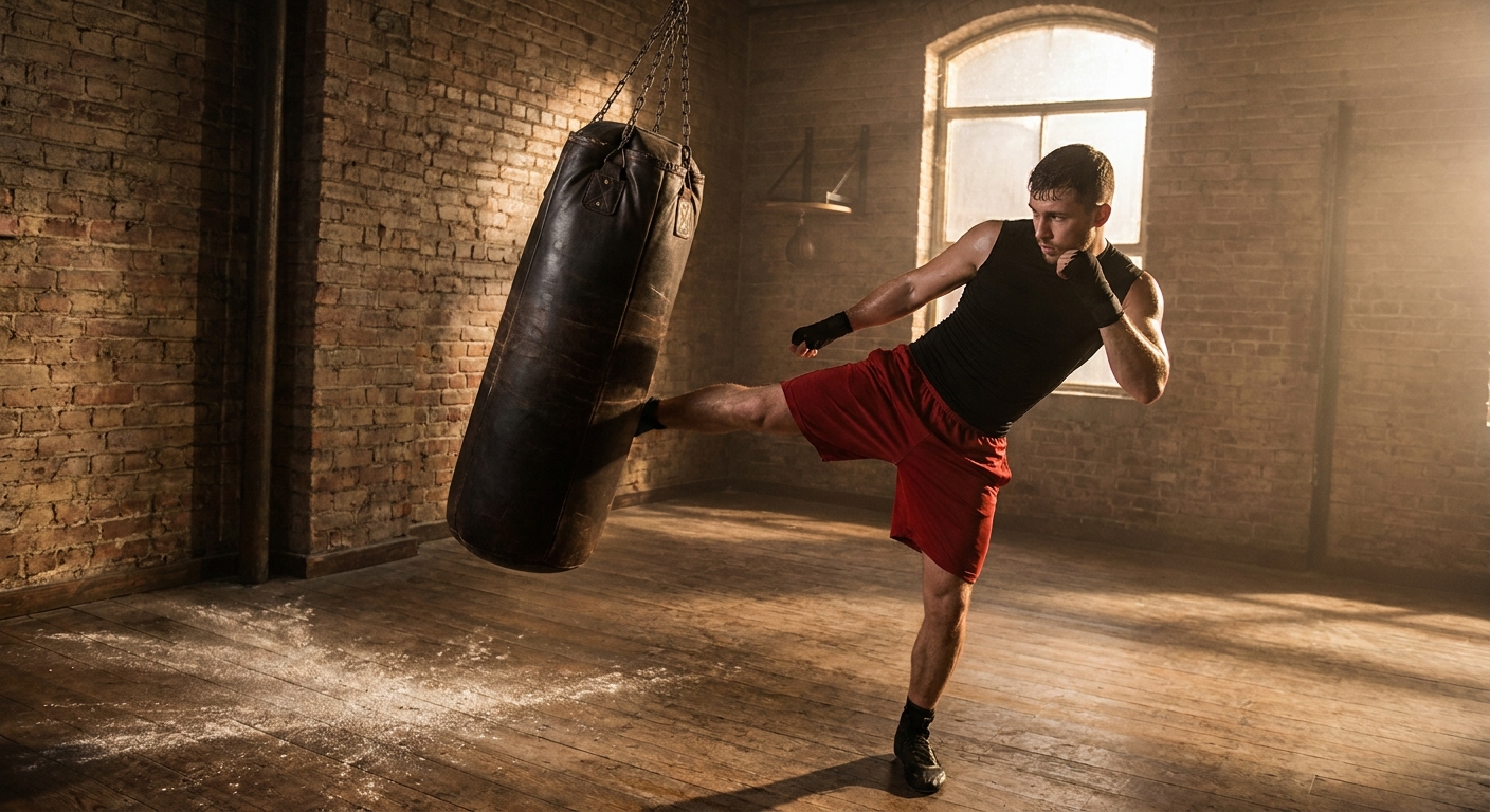 Solo boxer throwing a left leg kick at a worn heavy bag in a classic gym, low-angle shot with afternoon light through a high window casting long shadows