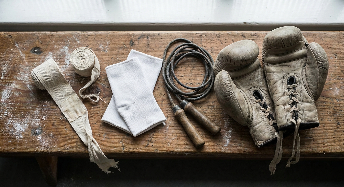 Flat lay of Mexican-style hand wraps, ankle wraps, a faded jump rope, and creased leather bag gloves on a scarred wooden gym bench