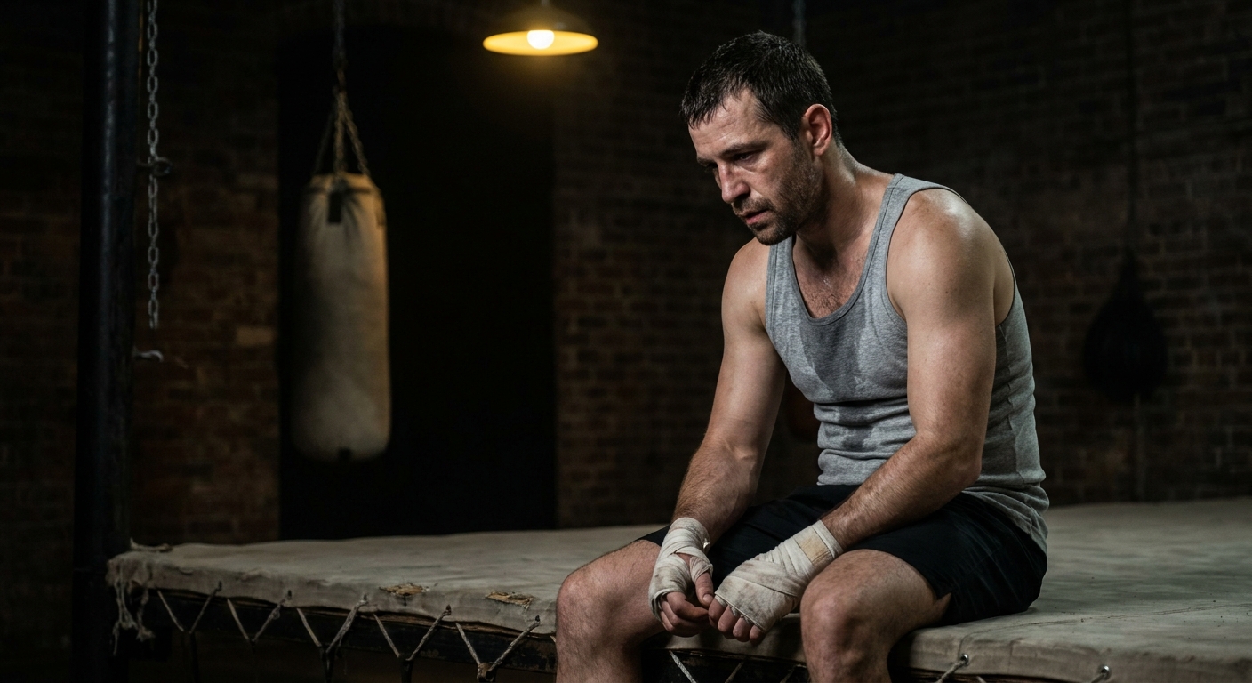 Boxer seated on the edge of a worn ring apron in a dimly lit gym, catching breath after training with faded white hand wraps resting on knees, heavy bag hanging out of focus behind