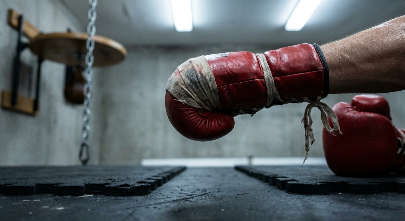 Close-up of taped knuckles and worn red lace-up bag gloves mid-jab with slight motion blur, scuffed rubber gym mats below and blurred speed bag platform in background