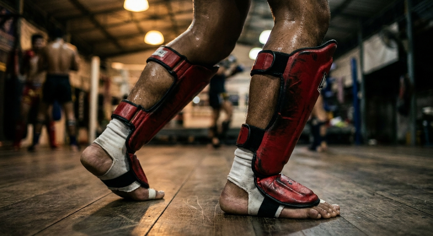 Close-up of a fighter's lower legs wearing red and black shin guards over white ankle wraps in a Muay Thai gym stance, wooden floor visible below