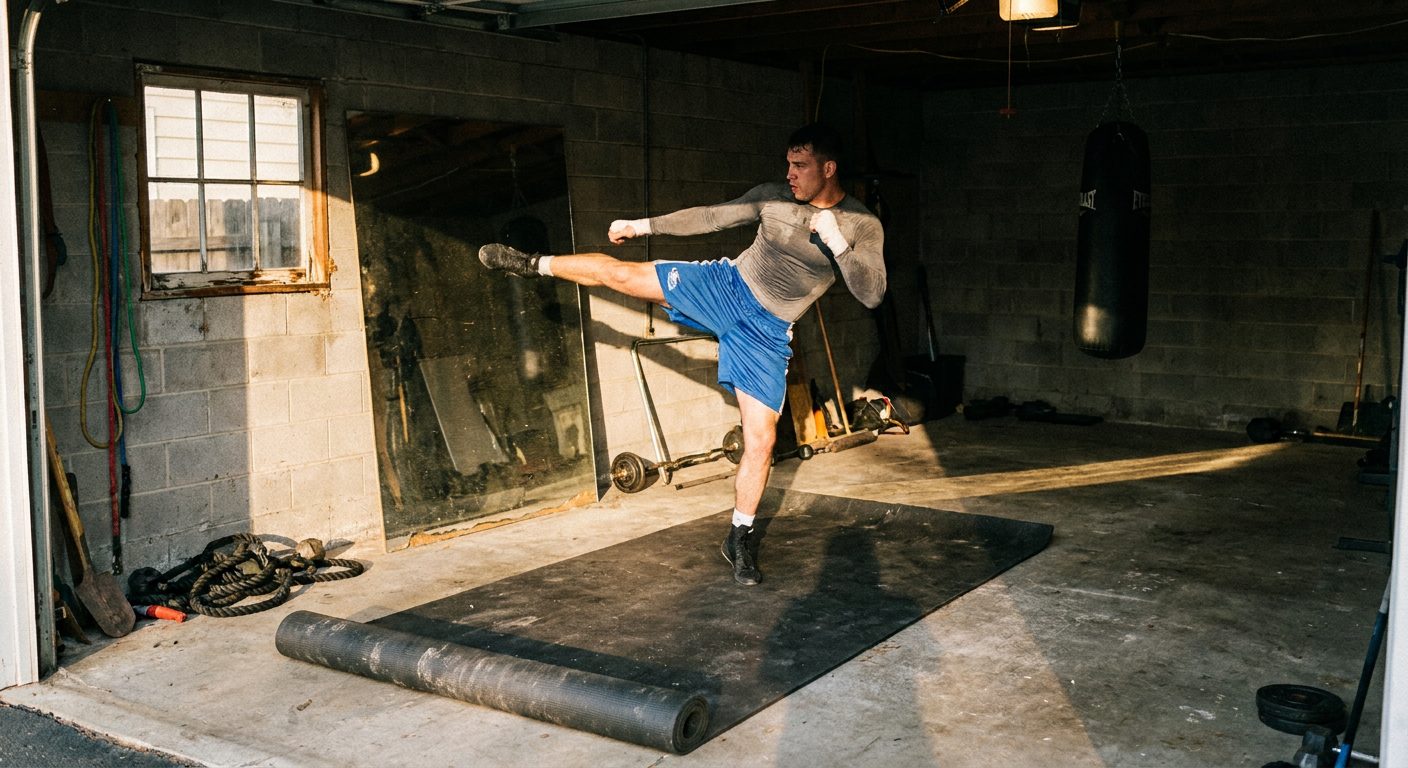 Fighter practicing kicks in a shadowboxing session inside a concrete-floor garage gym, late afternoon light, worn rubber mat underfoot, heavy bag in background