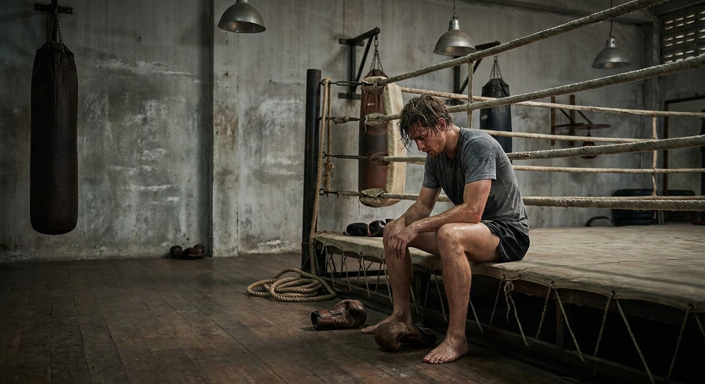 Fighter sitting on a boxing ring apron after training, wearing Muay Thai shorts, sweat-damp grey shirt, gloves resting beside them, ring ropes in the background, dim overhead gym lighting