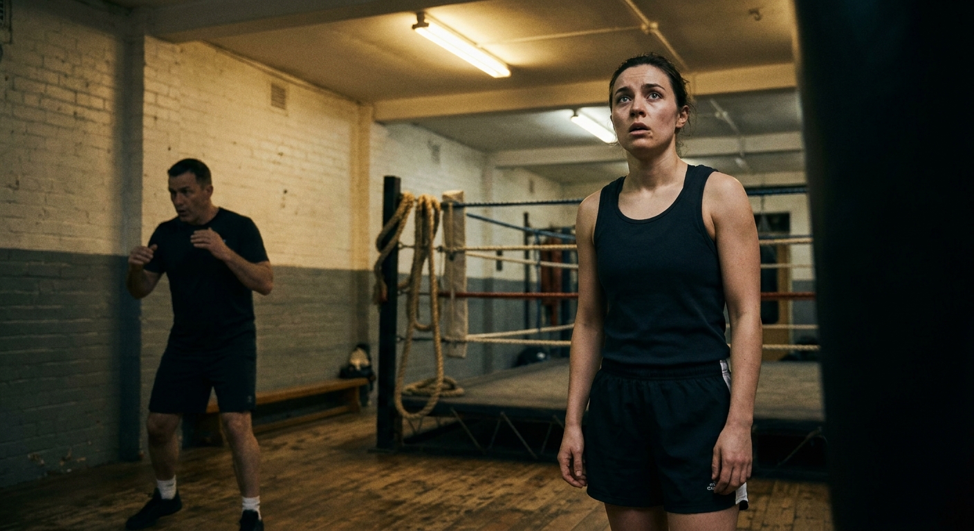 Beginner in a Muay Thai class watching attentively as the coach demonstrates proper stance, old-school gym with worn wooden floors and brick walls, ring ropes visible in background