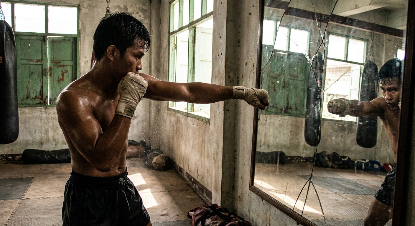 Person in boxing shorts and wraps shadowboxing alone in front of a cracked mirror in an old Muay Thai gym, afternoon light through dusty windows, sweat visible on arms, mid-movement with elbow raised
