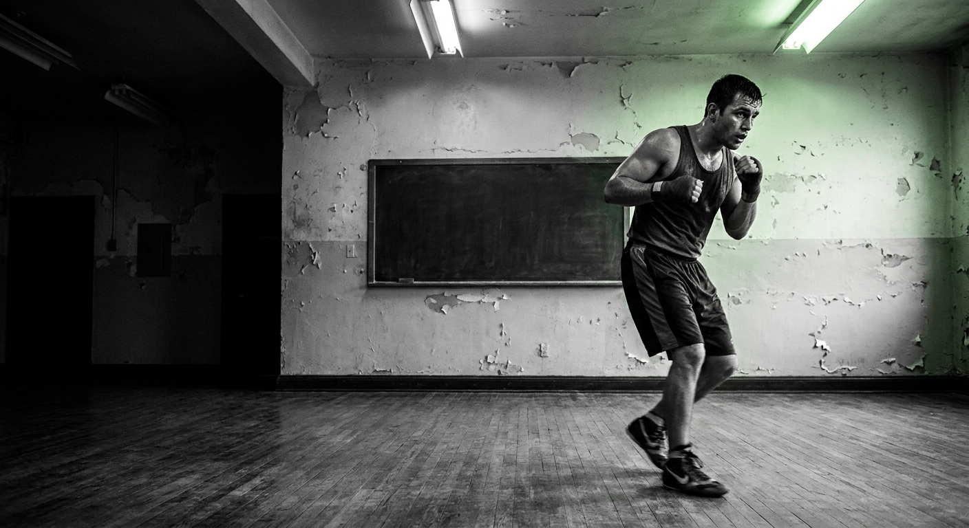 Boxer in boxing shorts performing sharp shadowboxing footwork from a low camera angle in an old-school gym with peeling paint and worn hardwood floors