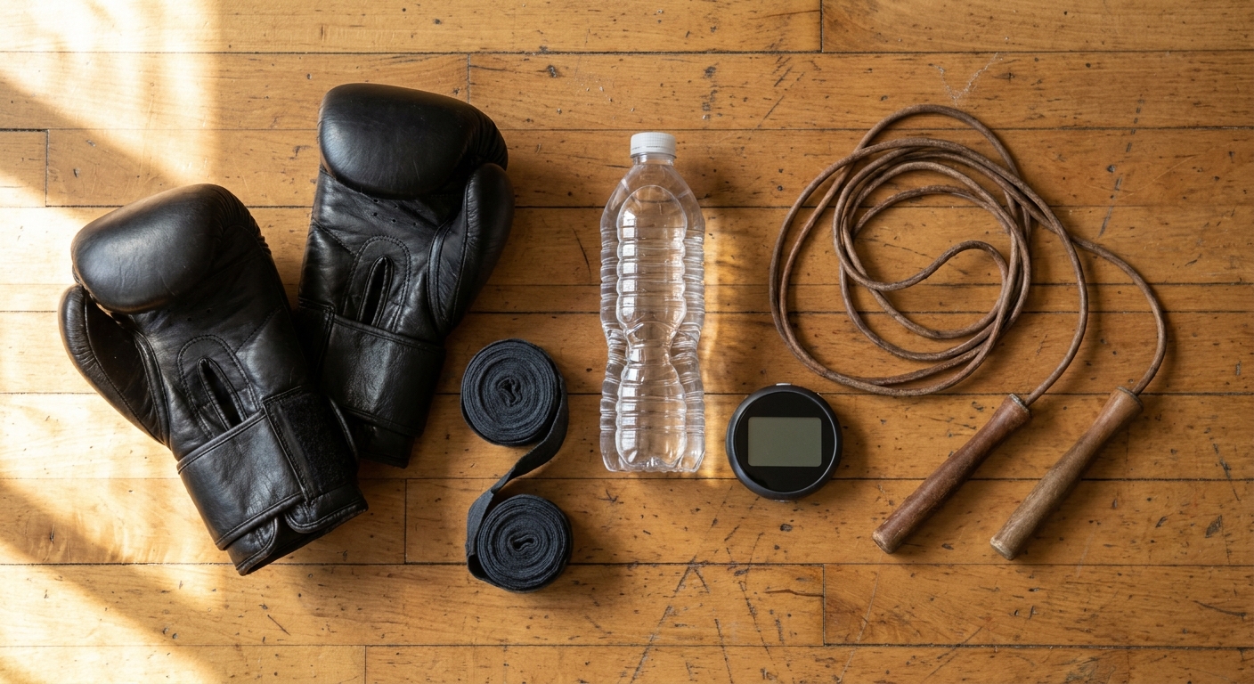 Flat lay of boxing gear arranged on scuffed hardwood gym floor: black bag gloves, partially unrolled hand wraps, jump rope, and a plain round digital timer, warm window light from one side