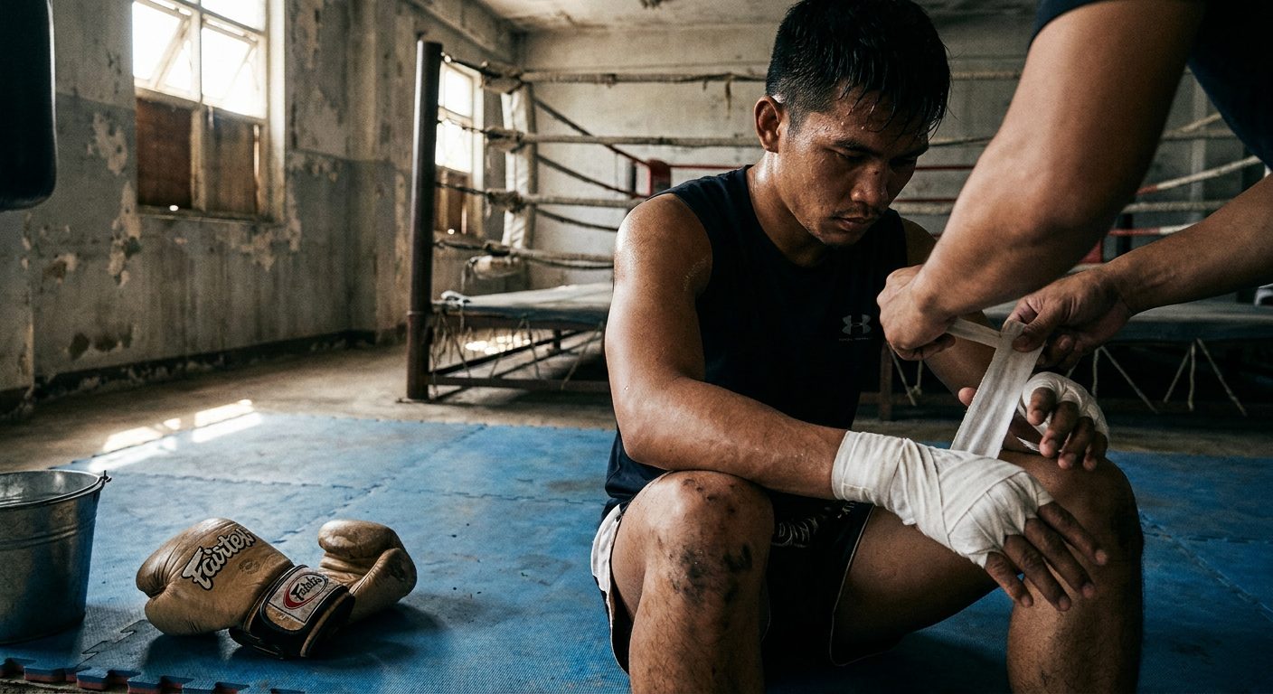 Muay Thai fighter kneeling in gym examining fresh hand wraps being applied to knuckles, peeling paint on concrete walls and old rope ring visible in background
