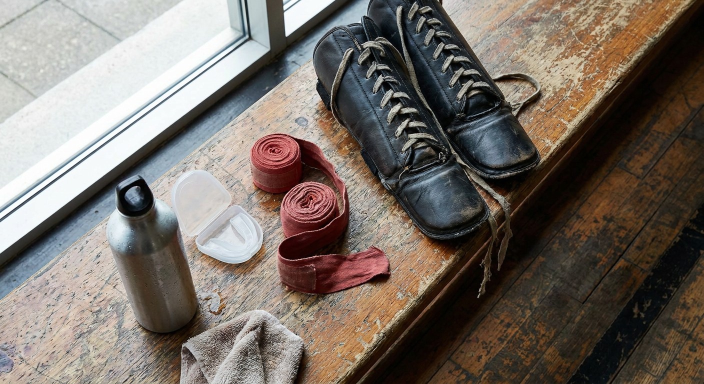 Flat lay of Muay Thai training equipment on a worn wooden gym bench including shin guards, fabric hand wraps, and mouthguard case