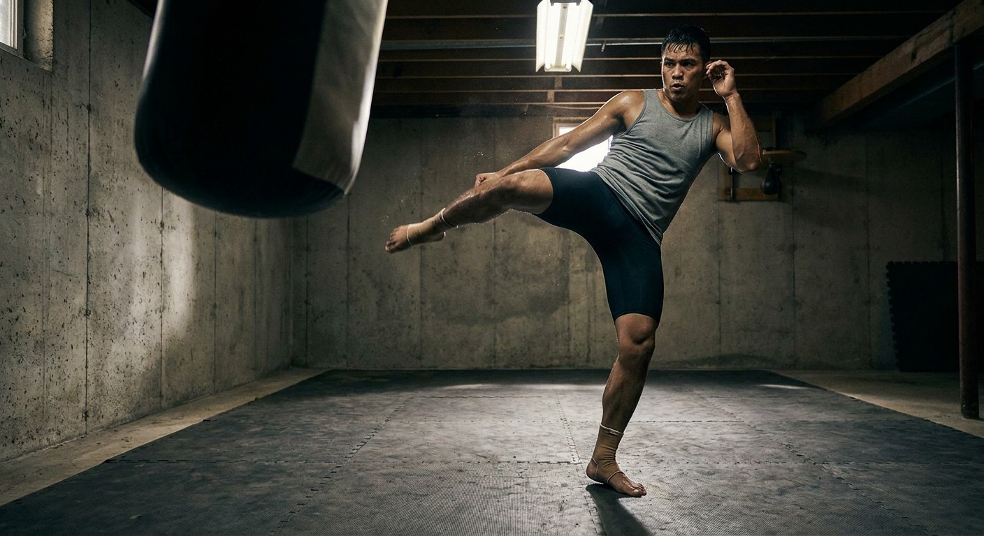 Muay Thai fighter mid-teep push kick during a solo drill in a concrete-floor basement home gym with heavy bag in foreground out of focus
